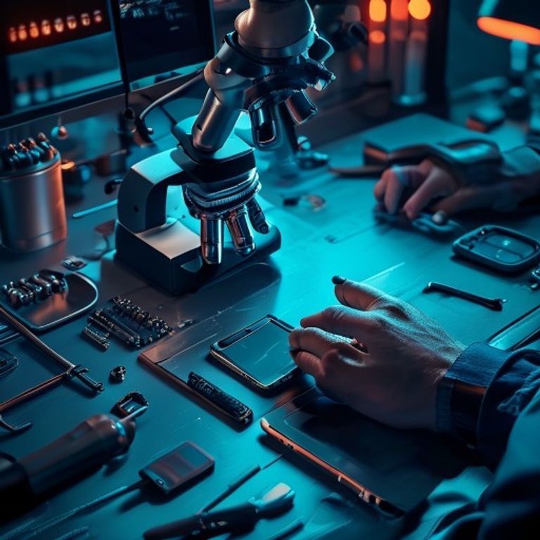 Técnico en formación reparando un celular con microscopio en Repara con Arley