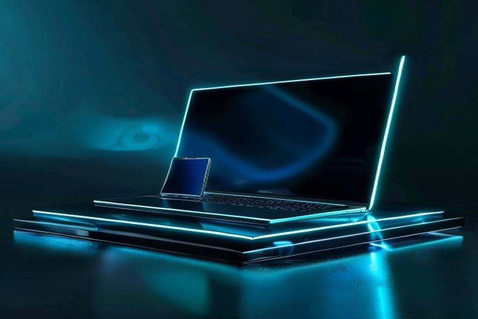 Laptop, tablet y celular sobre una base con luz azul tras la reparación en Repara con Arley